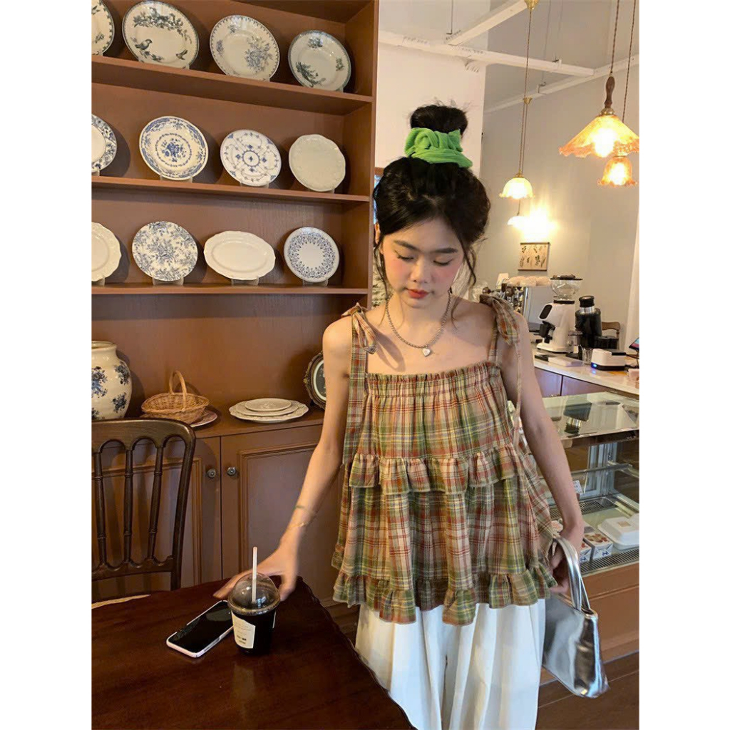 Áo hai dây , áo xinh kẻ caro Hàn Quốc dáng Vintage hàng Hottren Buộc Nơ Vai Áo Tiểu Thư Kẻ Viền Bèo Tầng Siêu Xinh