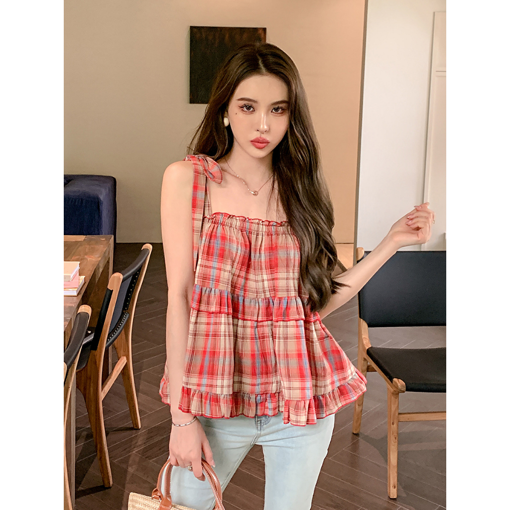 Áo hai dây , áo xinh kẻ caro Hàn Quốc dáng Vintage hàng Hottren Buộc Nơ Vai Áo Tiểu Thư Kẻ Viền Bèo Tầng Siêu Xinh