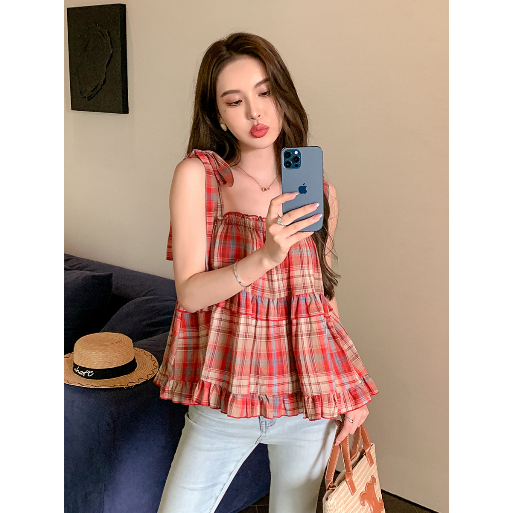 Áo hai dây , áo xinh kẻ caro Hàn Quốc dáng Vintage hàng Hottren Buộc Nơ Vai Áo Tiểu Thư Kẻ Viền Bèo Tầng Siêu Xinh
