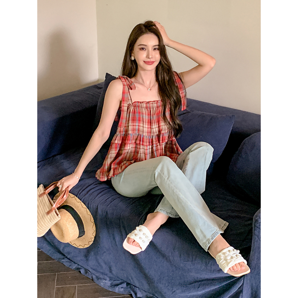Áo hai dây , áo xinh kẻ caro Hàn Quốc dáng Vintage hàng Hottren Buộc Nơ Vai Áo Tiểu Thư Kẻ Viền Bèo Tầng Siêu Xinh
