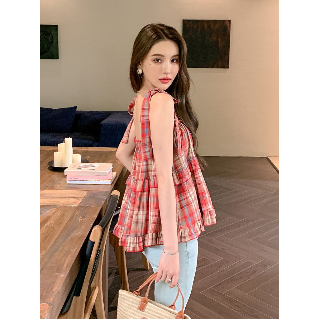 Áo hai dây , áo xinh kẻ caro Hàn Quốc dáng Vintage hàng Hottren Buộc Nơ Vai Áo Tiểu Thư Kẻ Viền Bèo Tầng Siêu Xinh