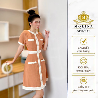 Đầm Xốp Thiết Kế Molina Viền Trắng Nút Vàng Dáng Chữ A Phối Túi