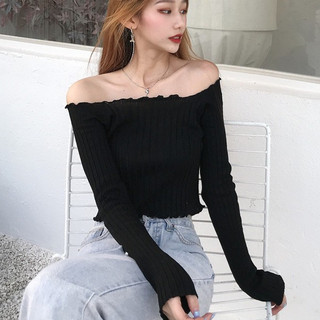  Áo Croptop Gân Cotton Dệt Kim Trễ Vai Dài Tay Ulzzang G2-1  áo crt croptop bẹt vai cổ thuyền viền bèo quyến rũ 