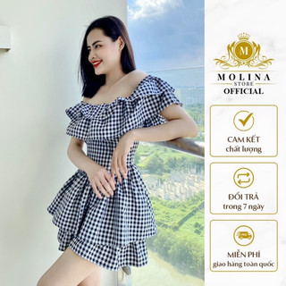 Đầm Trễ Vai Thiết Kế Molina Hai Tầng Nhún Bèo Kẻ Caro Chất Kaki Lụa Mềm Mát