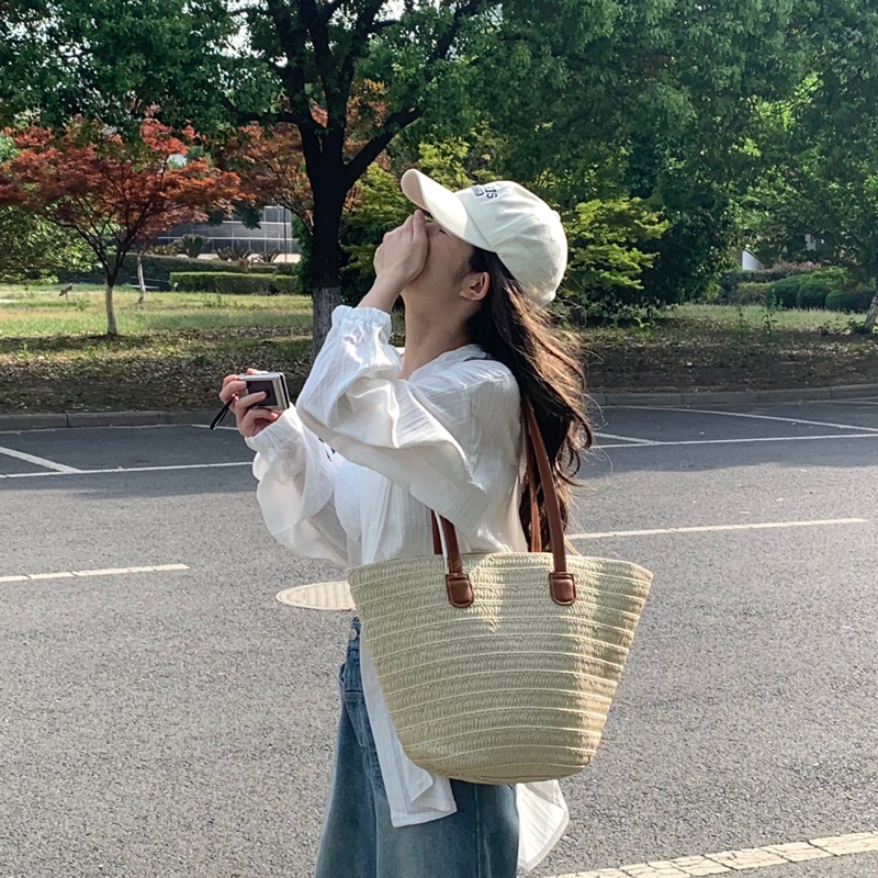 Túi cói đeo vai dây da kiểu dáng hình thang Tiệm Cói Xinh