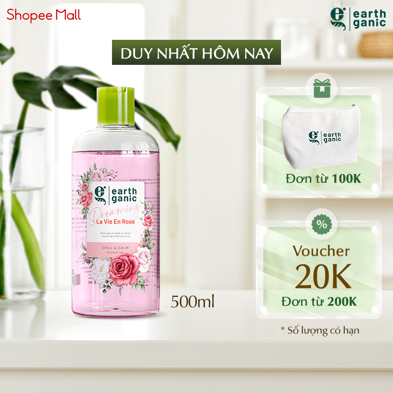 Sữa Tắm Dưỡng Ẩm Earthganic chứa AHA Hương Hoa Hồng Cấp Ẩm Làm Sạch Sâu 500ml