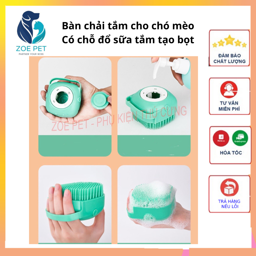 Bàn chải tắm và massage chó mèo - có chỗ đựng sữa tắm chó mèo, lông mềm tạo nhiều bọt