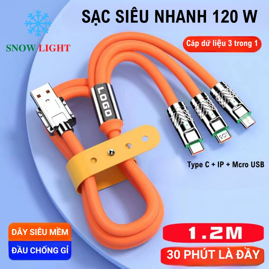 Dây Cáp Sạc Nhanh 120W 6A Bằng Hợp Kim Kẽm Và Silicon Chính hãng SNOW LIGHT Dây sạc điện thoại 3 đầu cho nhiều loại đt