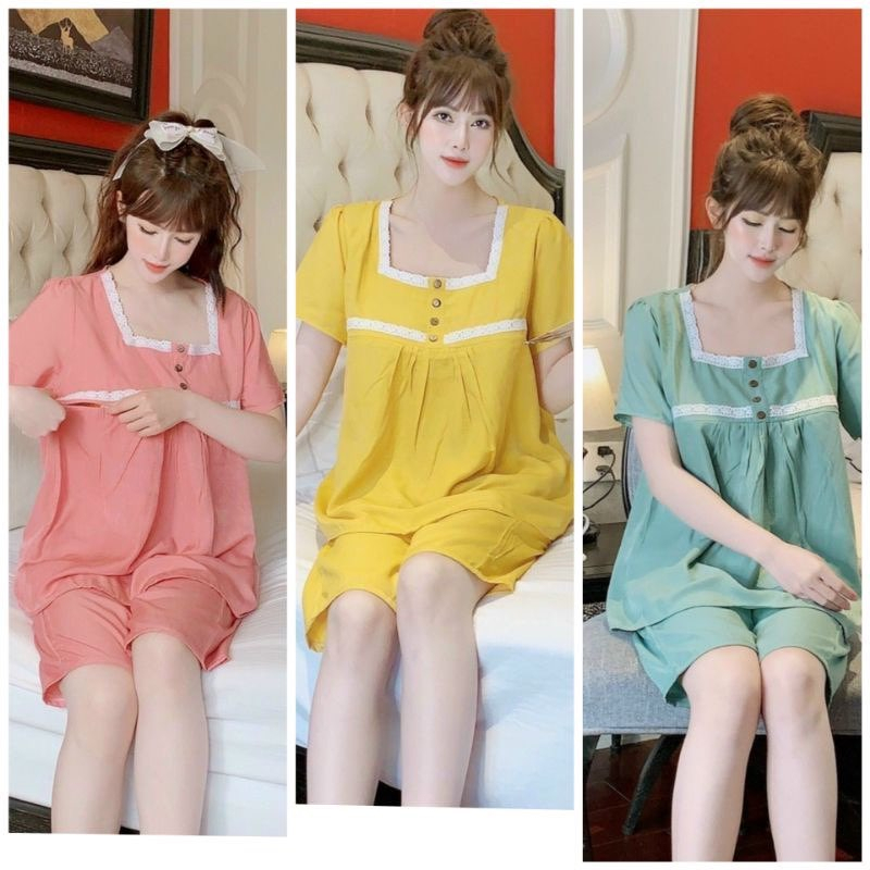 Bộ đồ bà bầu lửng trơn và kéo khoá sau sinh mùa hè chất đũi mặc nhà cổ vuông ren cổ thiết kế cao cấp.