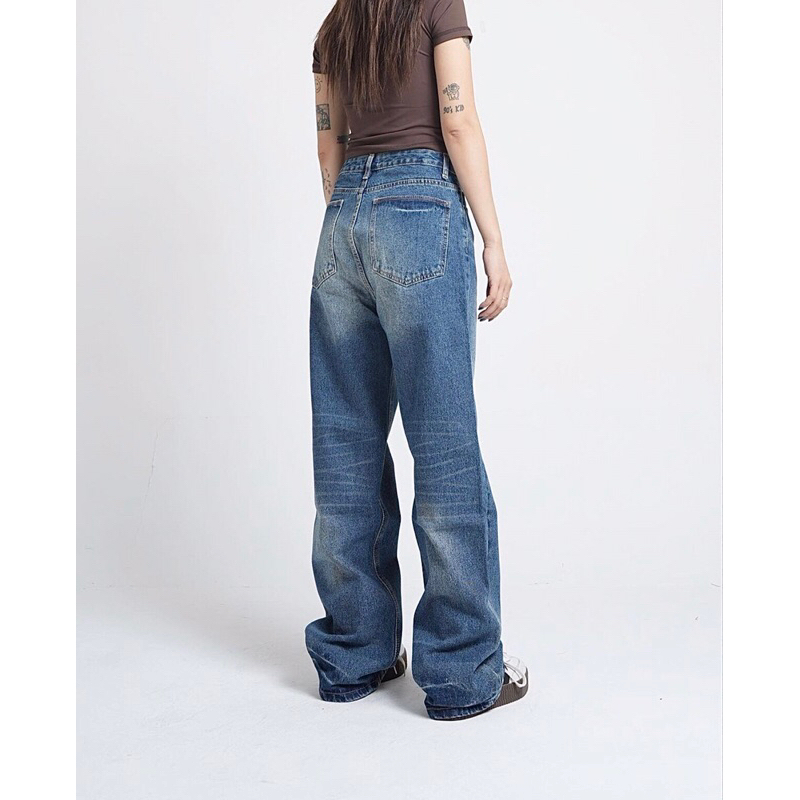 QUẦN JEANS SUÔNG RỘNG VỪA LƯNG CAO - XANH VINTAGE
