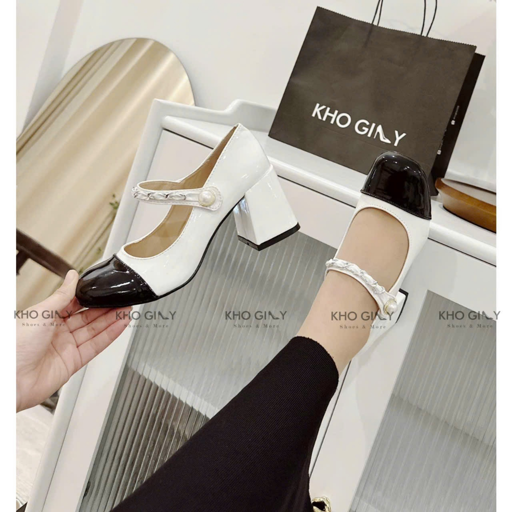 Free ship Giày Cao Gót Xích Ngọc 7p Miu Miu Giày Cao Gót Bít Mũi Gót Vuông 7cm siêu đẹp - Ảnh Thật