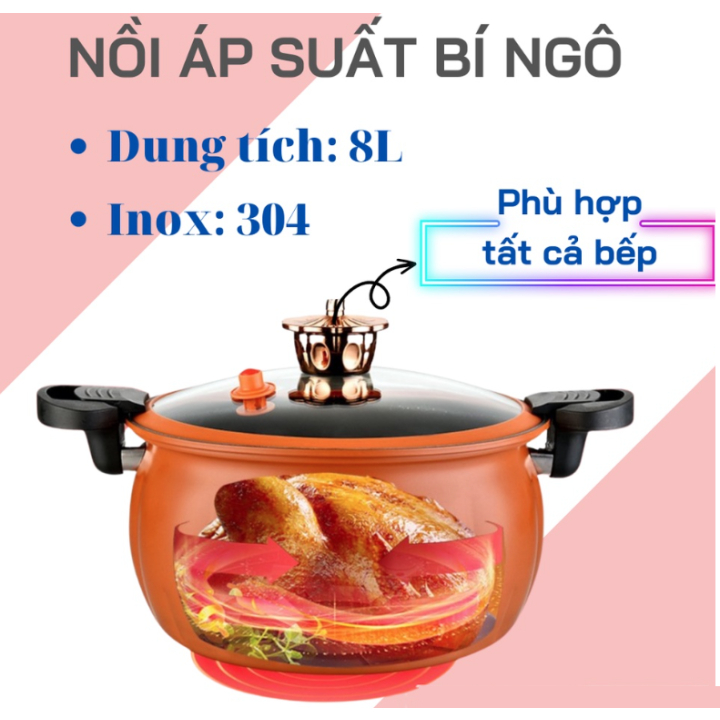 Nồi áp suất 8l hình quả bí ngô kích thước 26cm, Nồi hầm đa năng sử dụng cho cả bếp từ và bếp gas