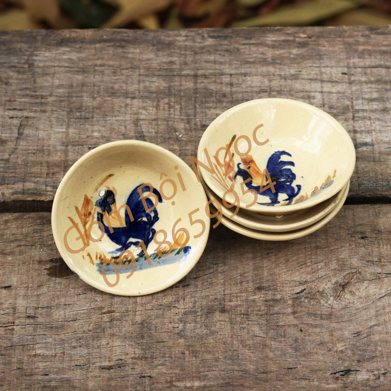 Set 10 Chén Tép Vẽ Họa Con Gà Xưa Size To 9.5cm - Làm Bánh Bèo - Nướng Trứng / Chấm /Đựng Gia Vị - Gốm Nam Bộ Lái Thiêu