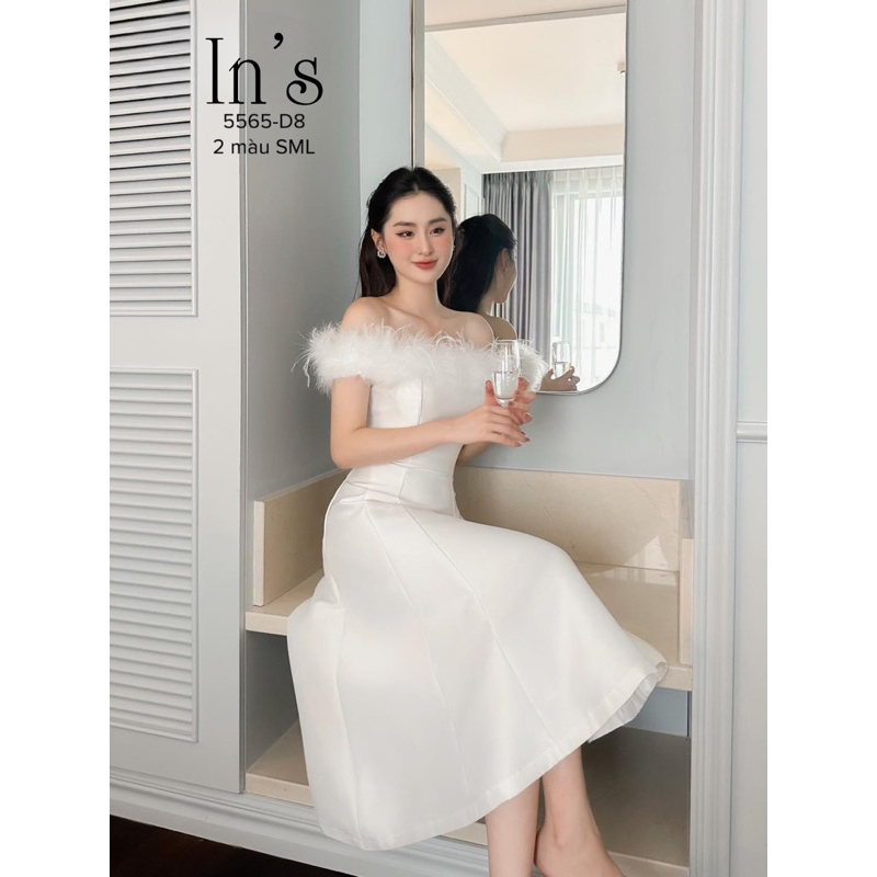 Đầm trễ vai đính lông dáng dài hàng thiết kế dự tiệc phong cách sang chảnh chất liệu tafta dài dặn