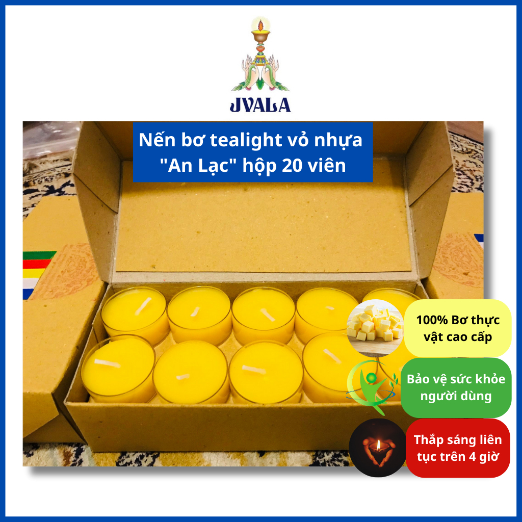 Đèn bơ cúng Phật JVALA - An Lạc (nến bơ tealight vỏ nhựa hộp 20 viên)
