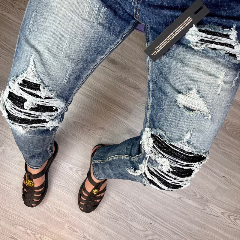 Quần jean nam xanh rách vá kim tuyến,quần bò nam slimfit 4 cúc