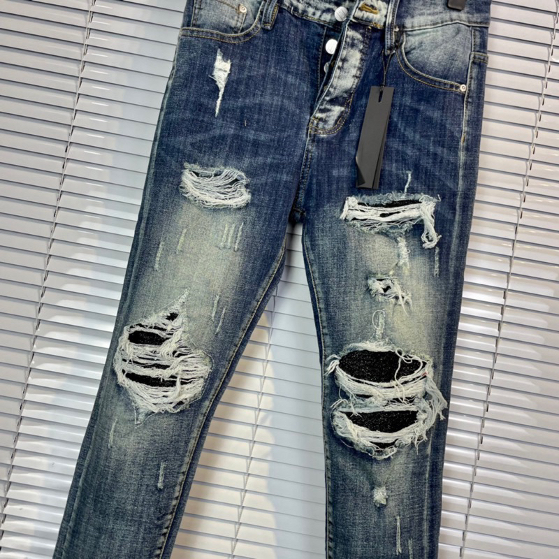 Quần jean nam xanh rách vá kim tuyến,quần bò nam slimfit 4 cúc