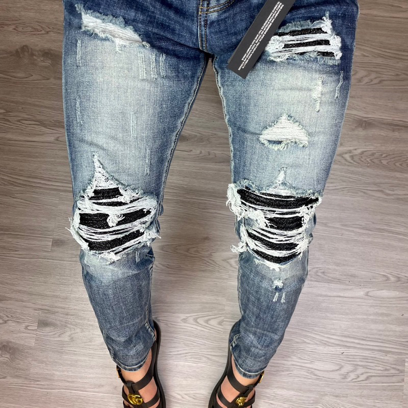 Quần jean nam xanh rách vá kim tuyến,quần bò nam slimfit 4 cúc