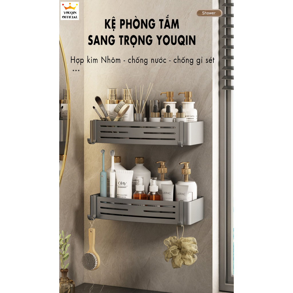 Kệ Đựng Đồ Dùng Phòng Tắm, Kệ Chữ Nhật Đa Năng Dán Tường, Hợp Kim Nhôm, Dán Keo Siêu Chắc, Bền Bỉ - YouQin