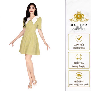 Đầm Nhung Cổ Trắng Thiết Kế Molina Dáng Ngắn Xòe Đính Khuy Dọc