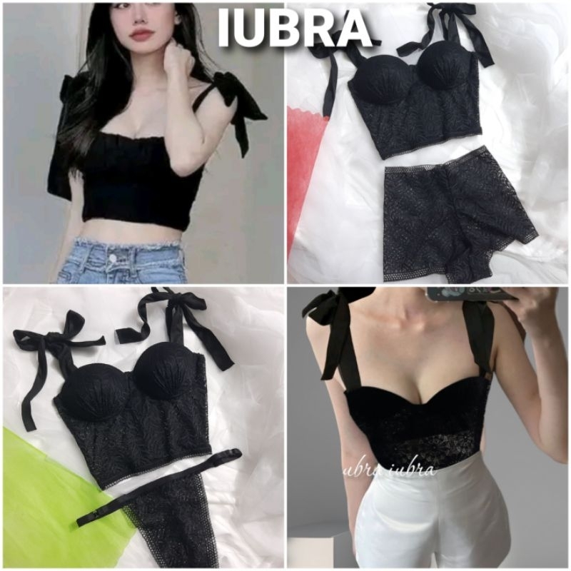 🌿GIÁ XƯỞNG🌿 Bộ corset ren thun, thắt nơ vai, có mút sẵn, croptop đen.