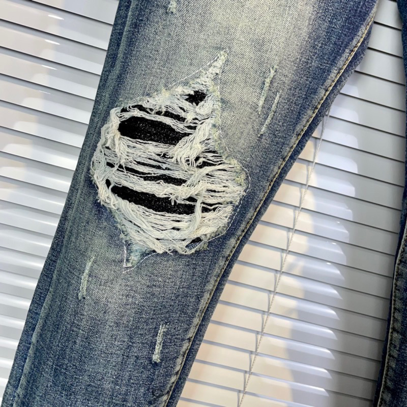 Quần jean nam xanh rách vá kim tuyến,quần bò nam slimfit 4 cúc