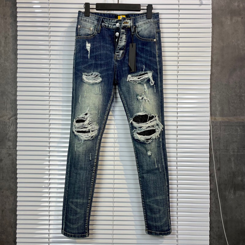 Quần jean nam xanh rách vá kim tuyến,quần bò nam slimfit 4 cúc