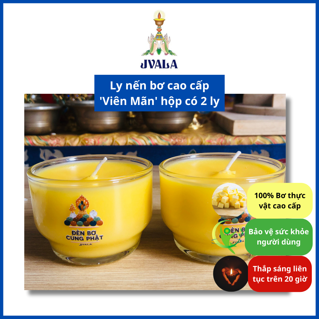 Đèn bơ cúng Phật JVALA - Viên Mãn (ly nến bơ cao cấp hộp 2 cái)