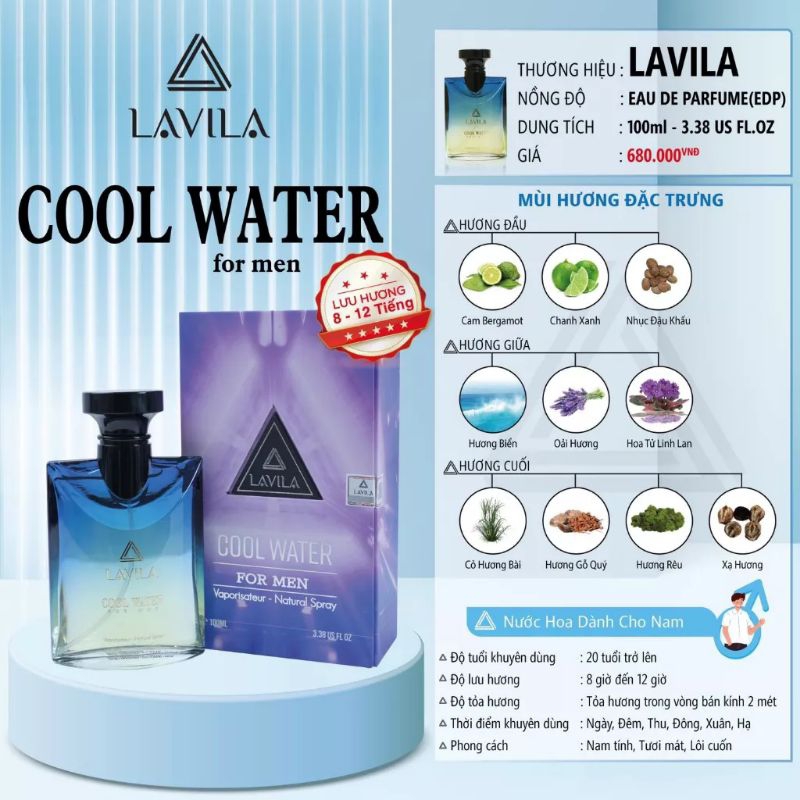 nước hoa Nam COOL WATER LAVILA cao cấp hương pháp lưu hương 12 tiếng
