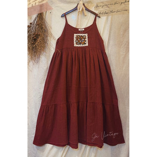 Đầm dây Babydoll Gà Vintage xoè tầng xô Muslin đắp vải