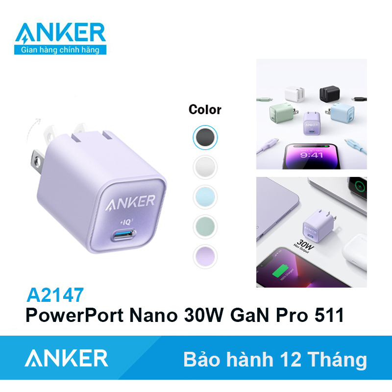 Củ sạc nhanh ANKER 30W Nano 3 GaN Pro 511 Chân Gập 1 Cổng USB-C A2147 TuanAnhPhuKien