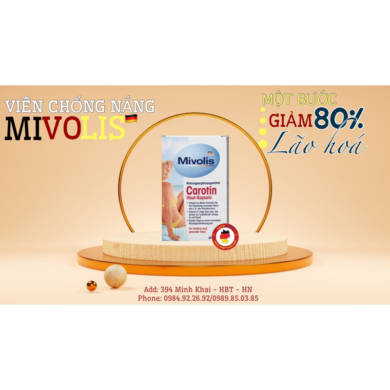 [HÀNG NỘI ĐỊA ĐỨC] VIÊN CHỐNG NẮNG CAROTIN MIVOLIS, BẢO VỆ DA TOÀN CƠ THỂ, CHỐNG LÃO HOÁ, NÁM, SẠM, HỘP 60 VIÊN, AN TOÀN | BigBuy360 - bigbuy360.vn