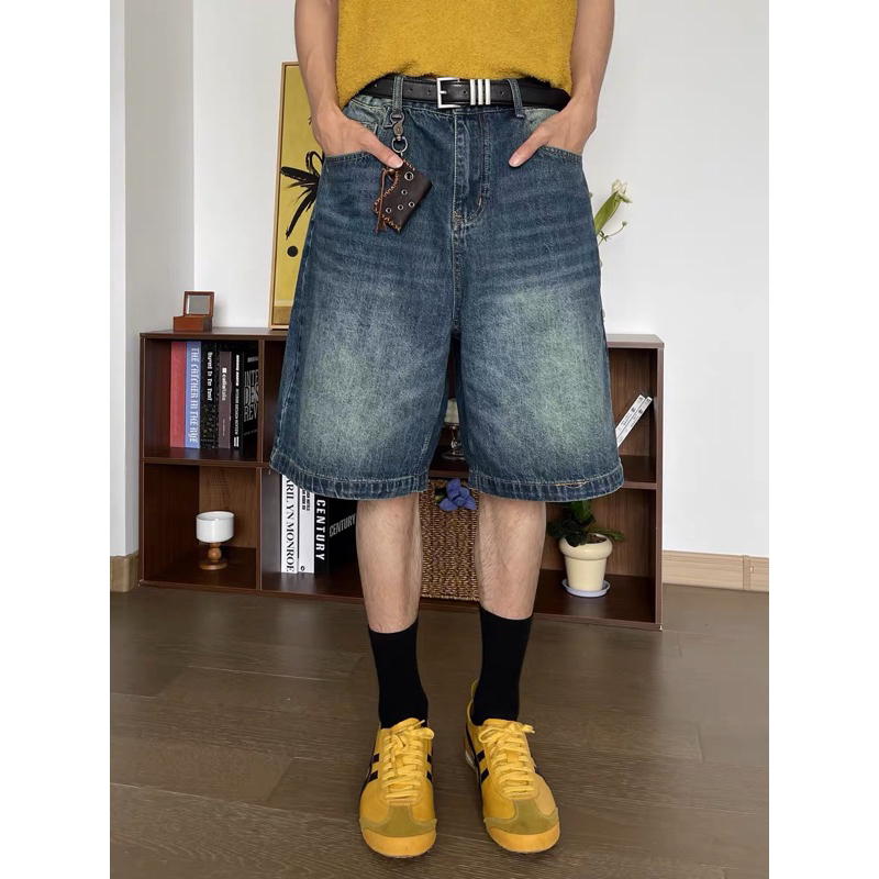 Quần jean baggy short màu greenwash ống rộng Brokeboiz