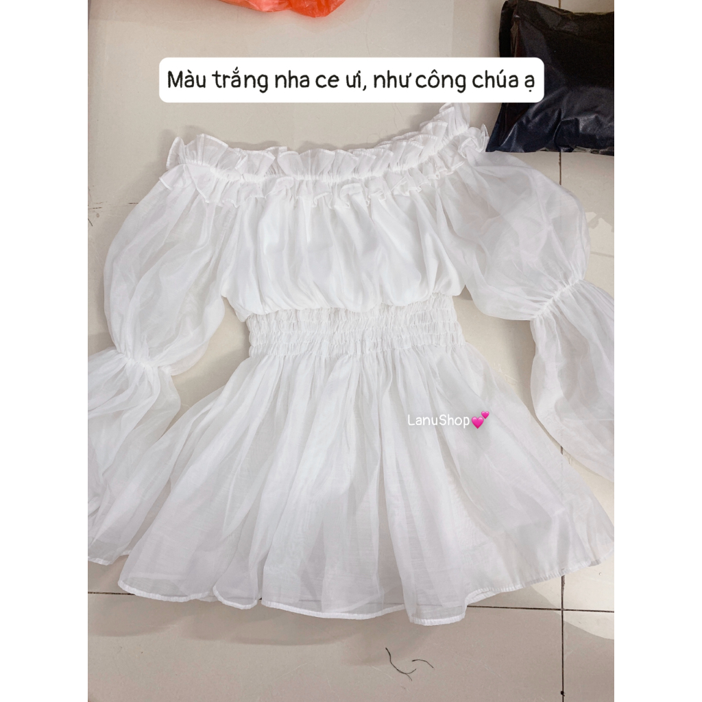 Áo tơ ánh trễ vai dúm chun eo 2 lớp bánh bèo kèm ảnh thật 2 màu LanuShop