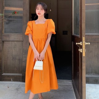 (SP44) Đầm cam cổ vuông phong cách ngọt ngào, váy đi chơi, đi tiệc..