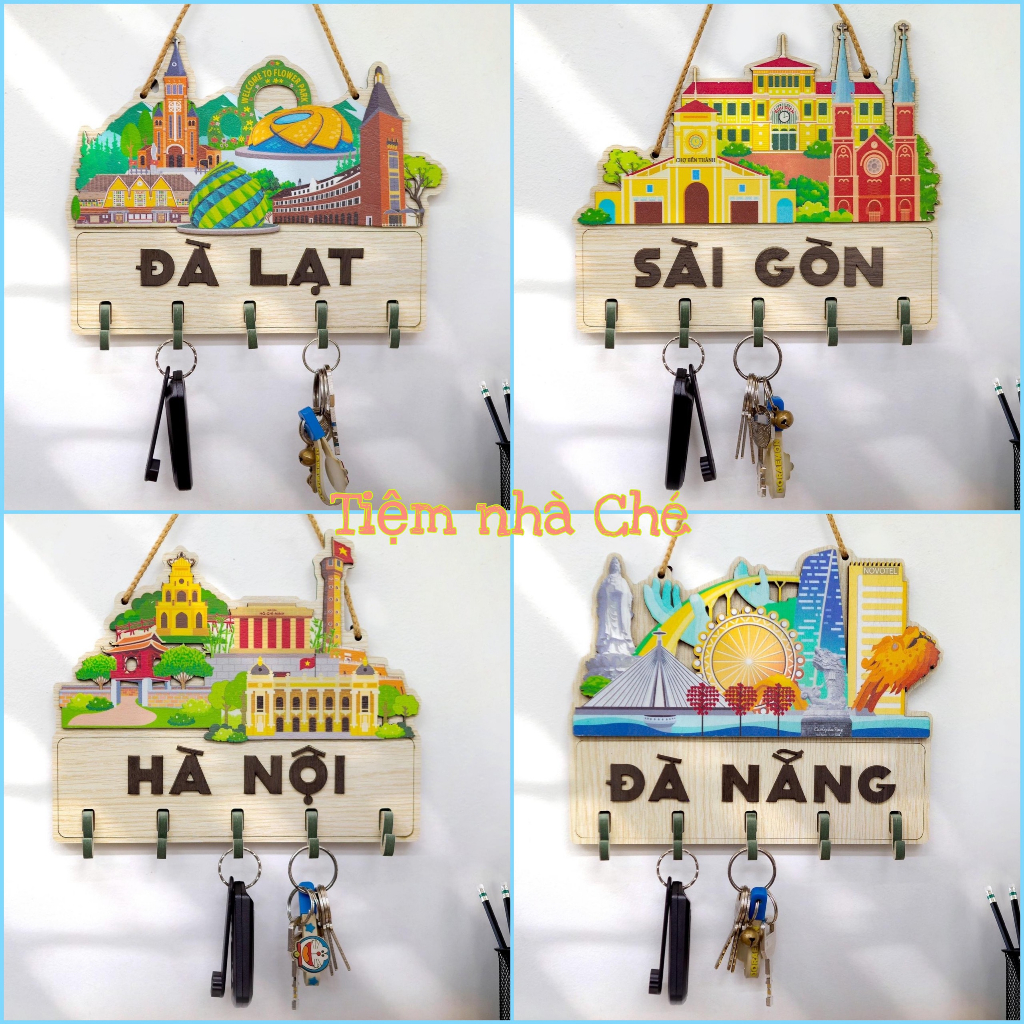 Bảng gỗ decor trang trí treo tường quà kỉ niệm địa danh tỉnh thành Đà Nẵng, Hà Nội, Sài Gòn, Đà Lạt tặng móc dán tường