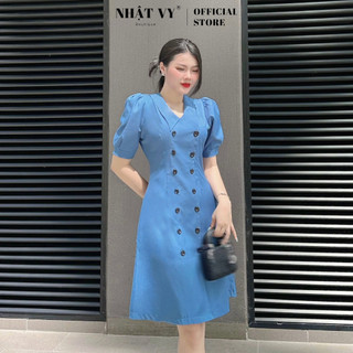 Đầm sơ mi công sở Nhật Vy dáng ôm tay phồng phối cúc thật chất lụa phù hợp đi chơi dạo phố cafe sang chảnh - D2674