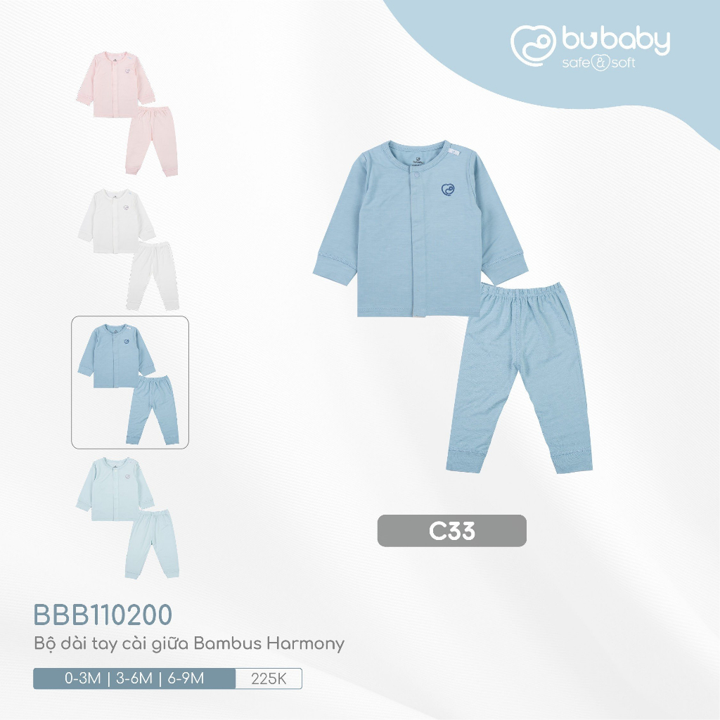 Bộ dài tay sơ sinh cài giữa sợi tre BU bambus 0m - 9m cho bé