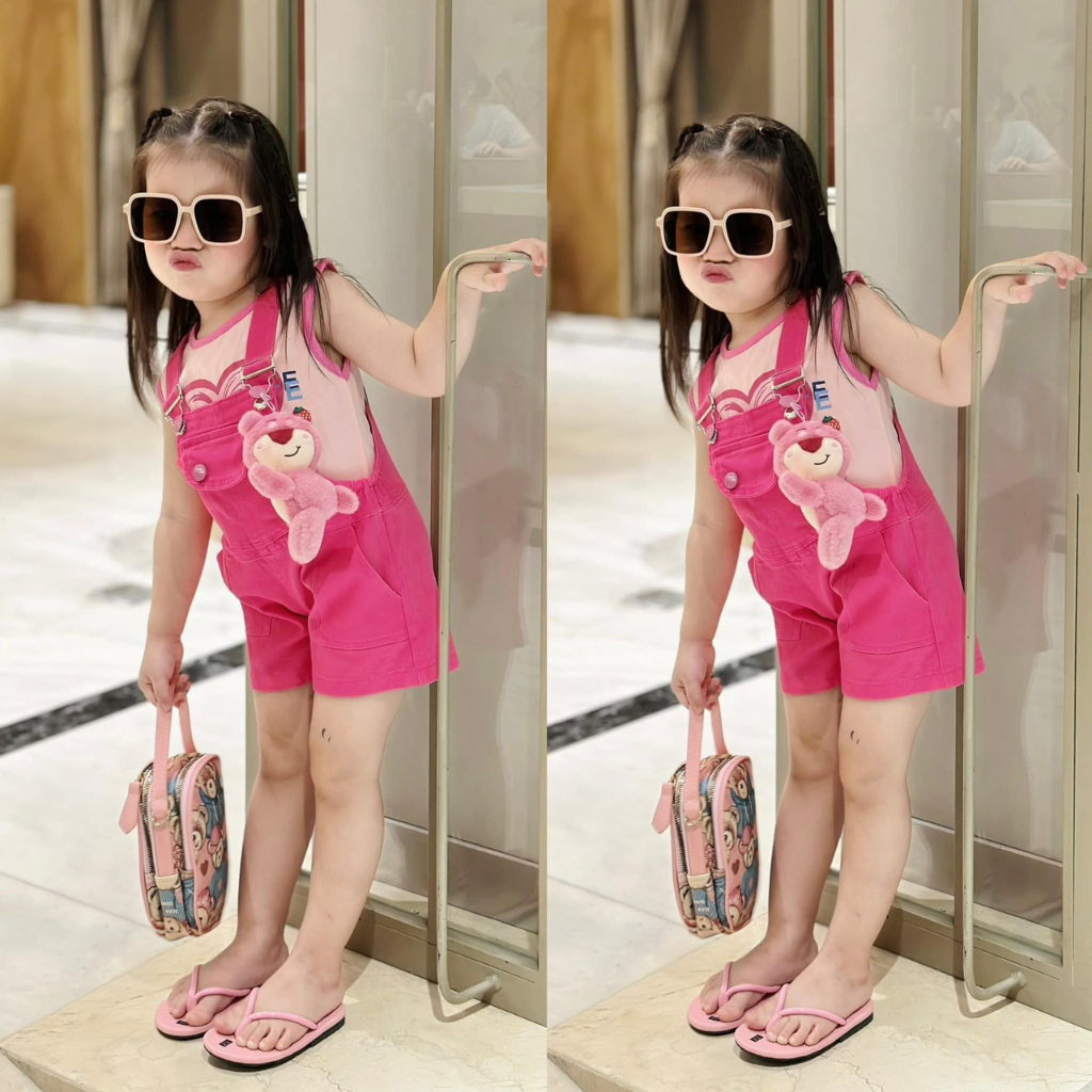Set yếm bé gái màu hồng kèm áo phông cotton - Tặng gấu dâu đáng yêu cho bé gái từ 7 - 29kg