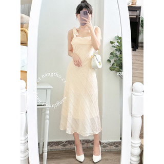 Đầm váy ren hoa nổi cột nơ vai 3935