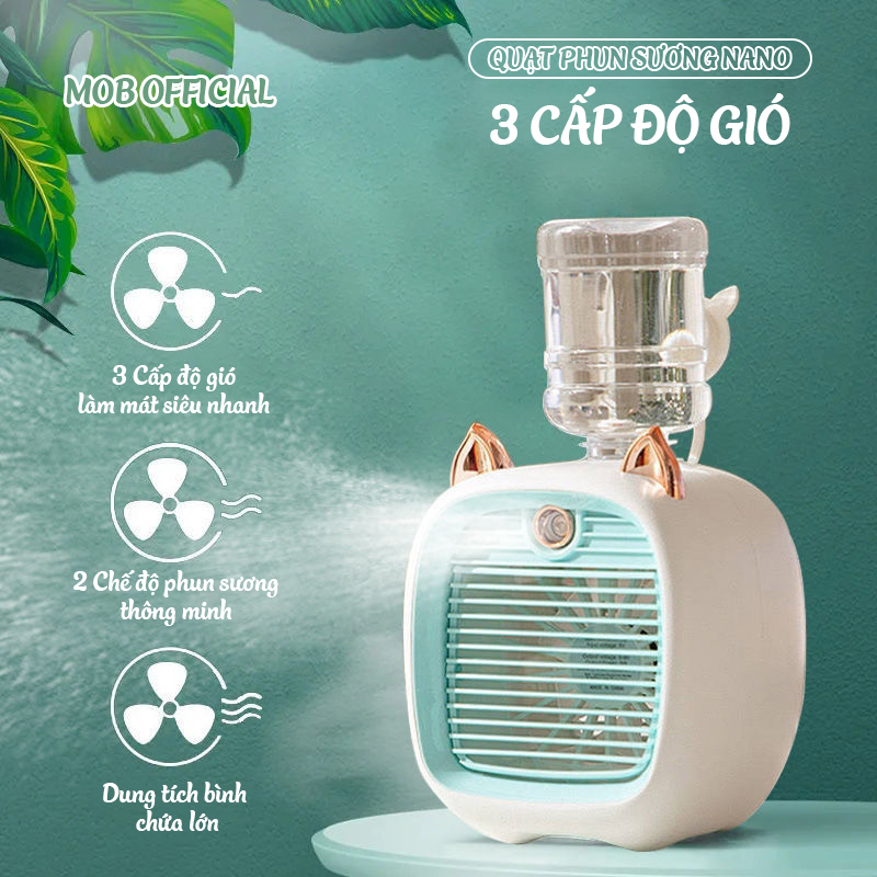 Quạt phun sương mini, quạt tích điện điều hoà hơi nước MOB-Q01 quạt để bàn 3 cấp độ gió 2 chế độ phun sương thông minh