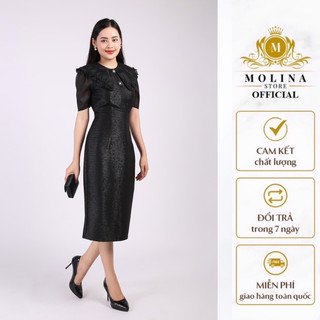 Đầm Dáng Bút Chì Thiết Kế Molina Chất Xốp Mịn Có Lót Trong, Tay Ngắn Cổ Phối Bèo Tơ Nữ Tính Phù Hợp Đi Tiệc Đi Làm