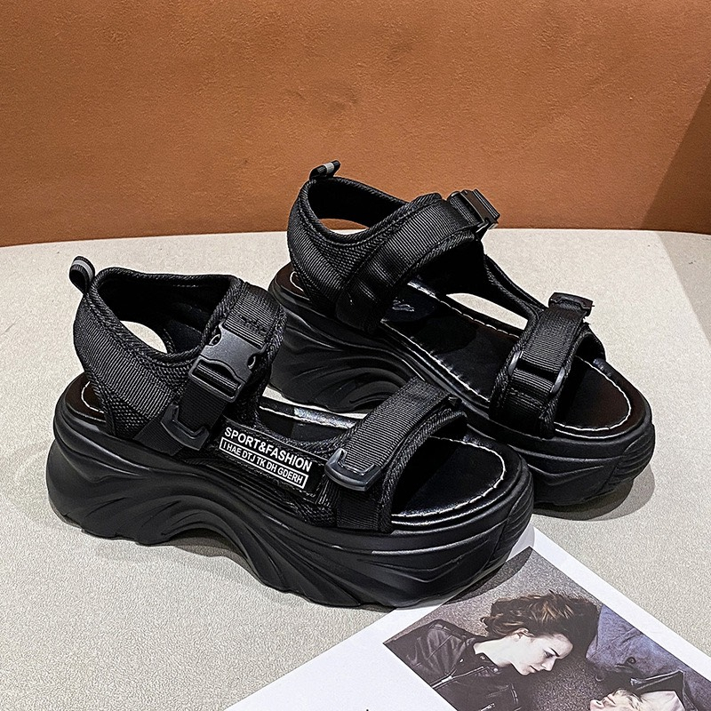 Giày sandal nữ chất vải dù thoáng khí khoá bấm đế 6cm 2 màu kem/đen