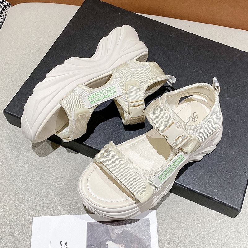 Giày sandal nữ chất vải dù thoáng khí khoá bấm đế 6cm 2 màu kem/đen