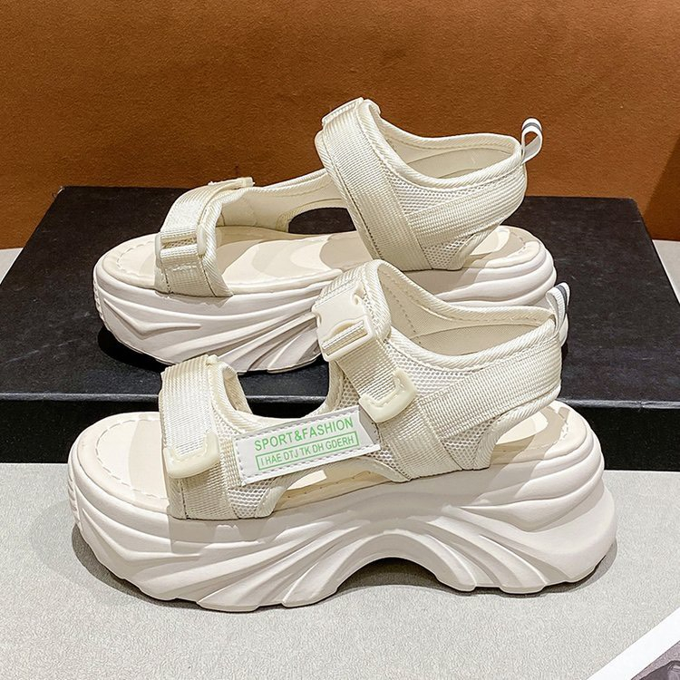 Giày sandal nữ chất vải dù thoáng khí khoá bấm đế 6cm 2 màu kem/đen