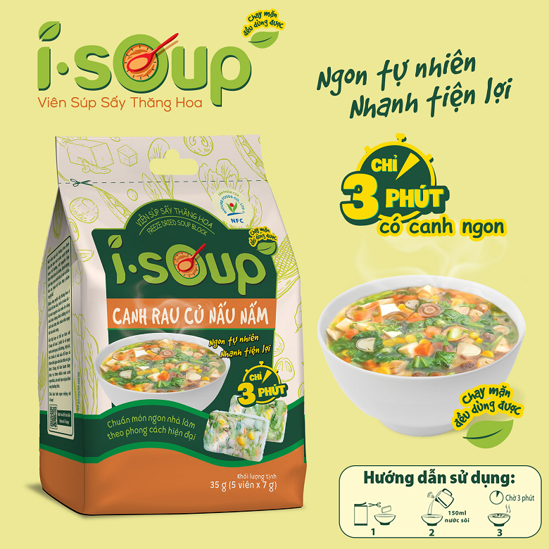 Canh rau củ nấu nấm ăn liền I-Soup (túi 05 viên)- Viên Súp Sấy Thăng Hoa