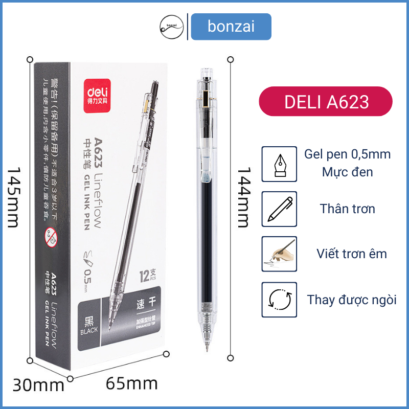 Bút gel Deli A623 thiết kế trong suốt ngòi 0,5mm mực đen nhanh khô viết êm trơn (Hàng Chính Hãng)