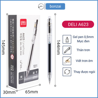 Bút gel Deli A623 thiết kế trong suốt ngòi 0,5mm mực đen nhanh khô viết êm trơn (Hàng Chính Hãng)