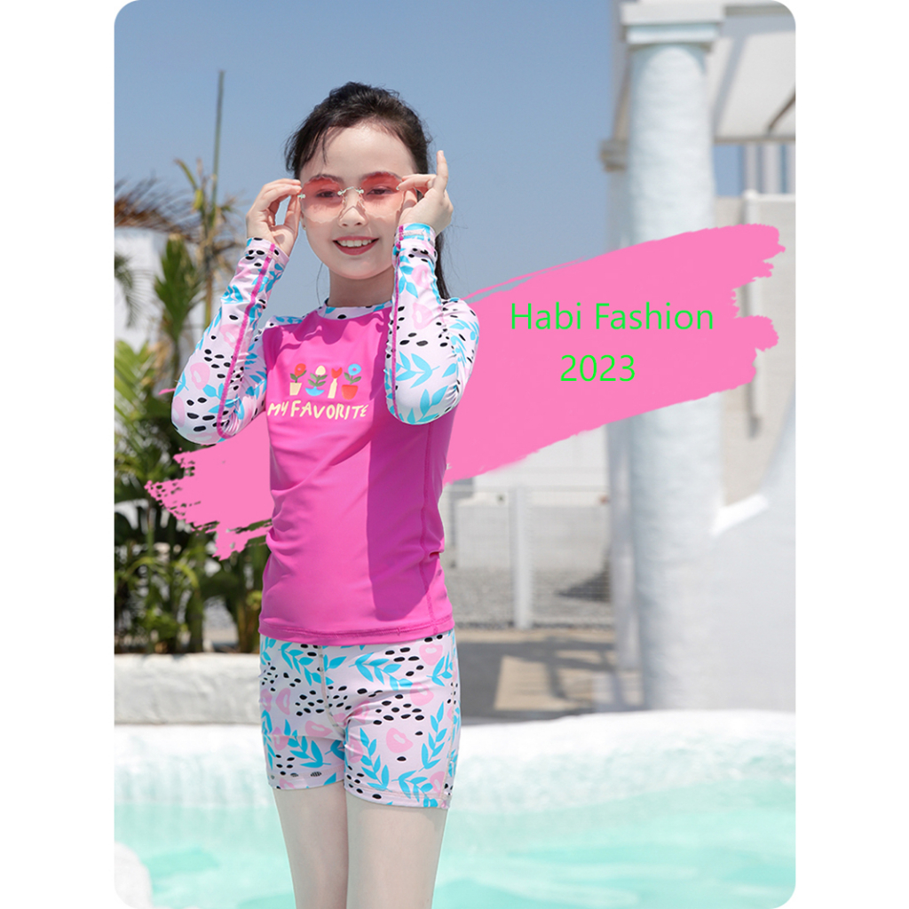 Đồ Bơi Cho Bé Gái Dài Tay Habi Fashion HB2311 Họa Tiết Favorite Thiết Kế Dễ Thương, Chất Liệu Co Giãn Cho Bé Từ 18-52kg