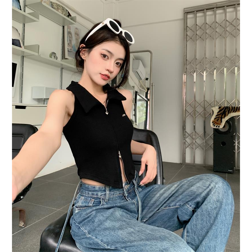 K. Style áo polo không tay khoá kéo áo kiểu nữ khoá zip cổ sơ mi